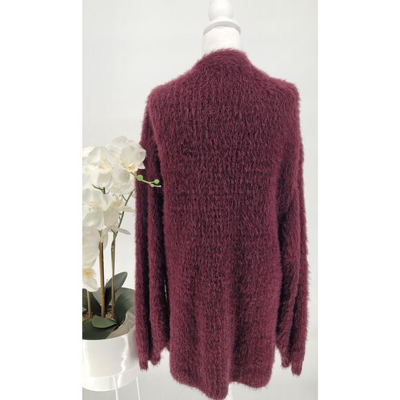 Love Tree Womens Burgundy Fuzzy Open Front Chic Outdoor Cardigan Sweater Medium - Picture 3 of 7
